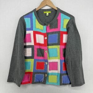 SIGRID OLSEN Sweater XL Patchwork Cardigan Mother Pearl Shell Cotton Blend Gray
